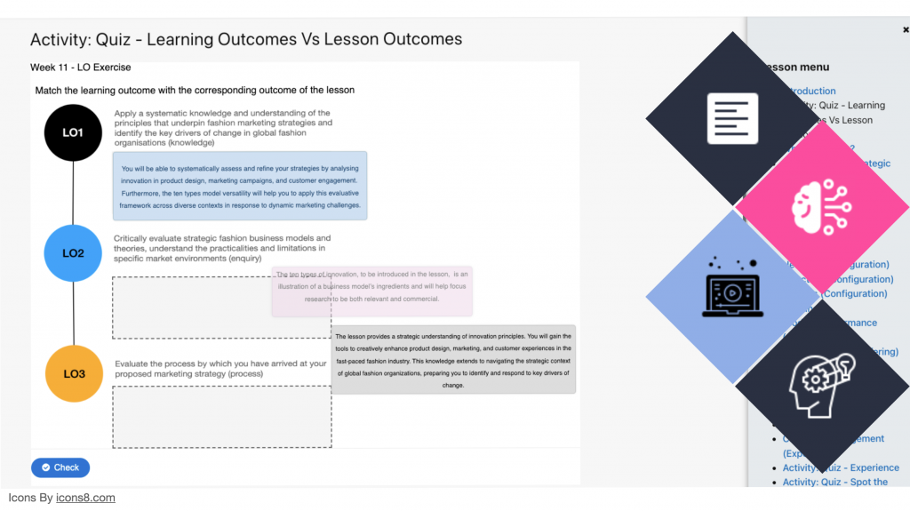 A screenshot of a lesson activity on lesson vs learning outcomes.